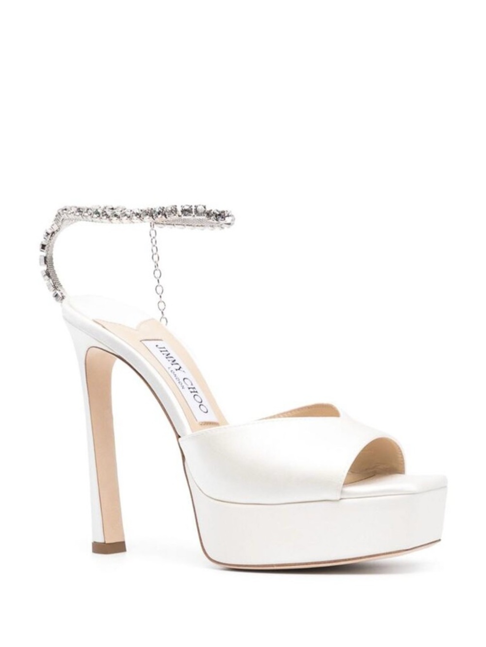 Jimmy Choo White Satin Platform Crystal Ankle Chain Saeda 125 Heel sandal